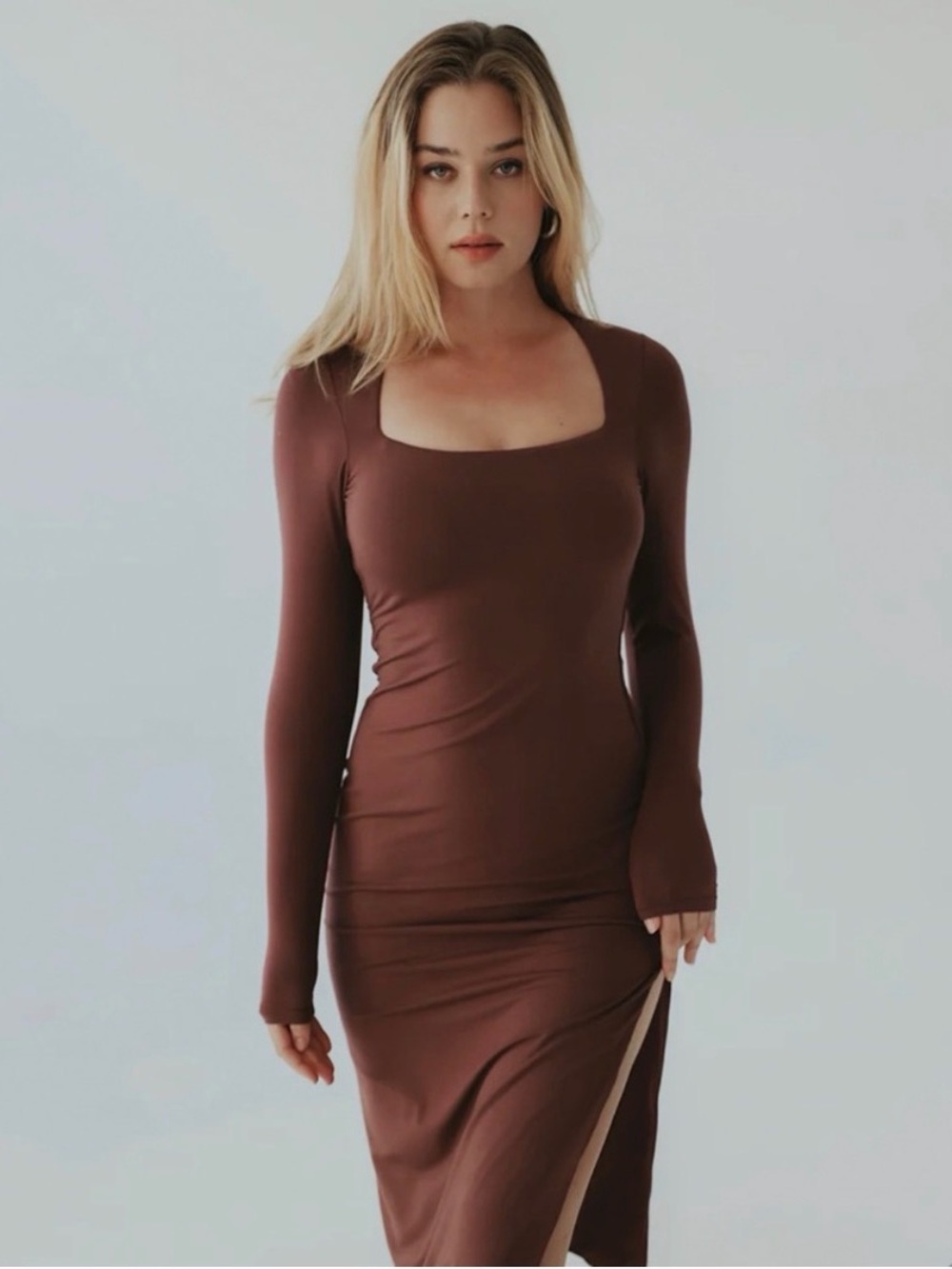 Klassy Network Long Sleeve Square Neck Bodycon Midi Dress in Brown Size Small